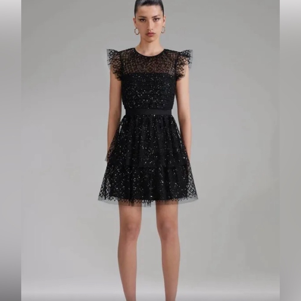 Self-Portrait Black Grid Sequin Tiered Mini Dress